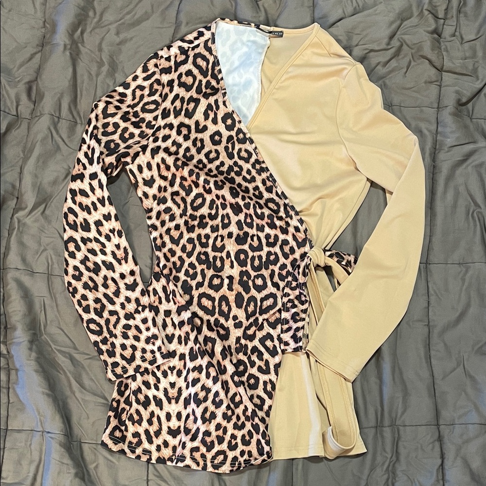 SHEIN Leopard Print and Beige Wrap Dress